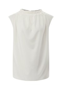 Top bianco senza maniche con scollatura arricciata, realizzato in tessuto morbido. Presenta una vestibilità ampia e un design delle spalle leggermente strutturato.