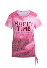 Pink short-sleeve t-shirt with mottled pattern, "HAPPY TIME" sequined text, "SOCCX & STORIES" printed below, and side tie detail at hem.