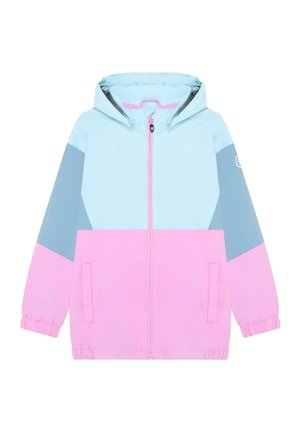 Hupuga jope esiküljel lukuga, elastsete varrukaotste ja helesiniste, roosade ning hallide värviblokkidega varrukatel.