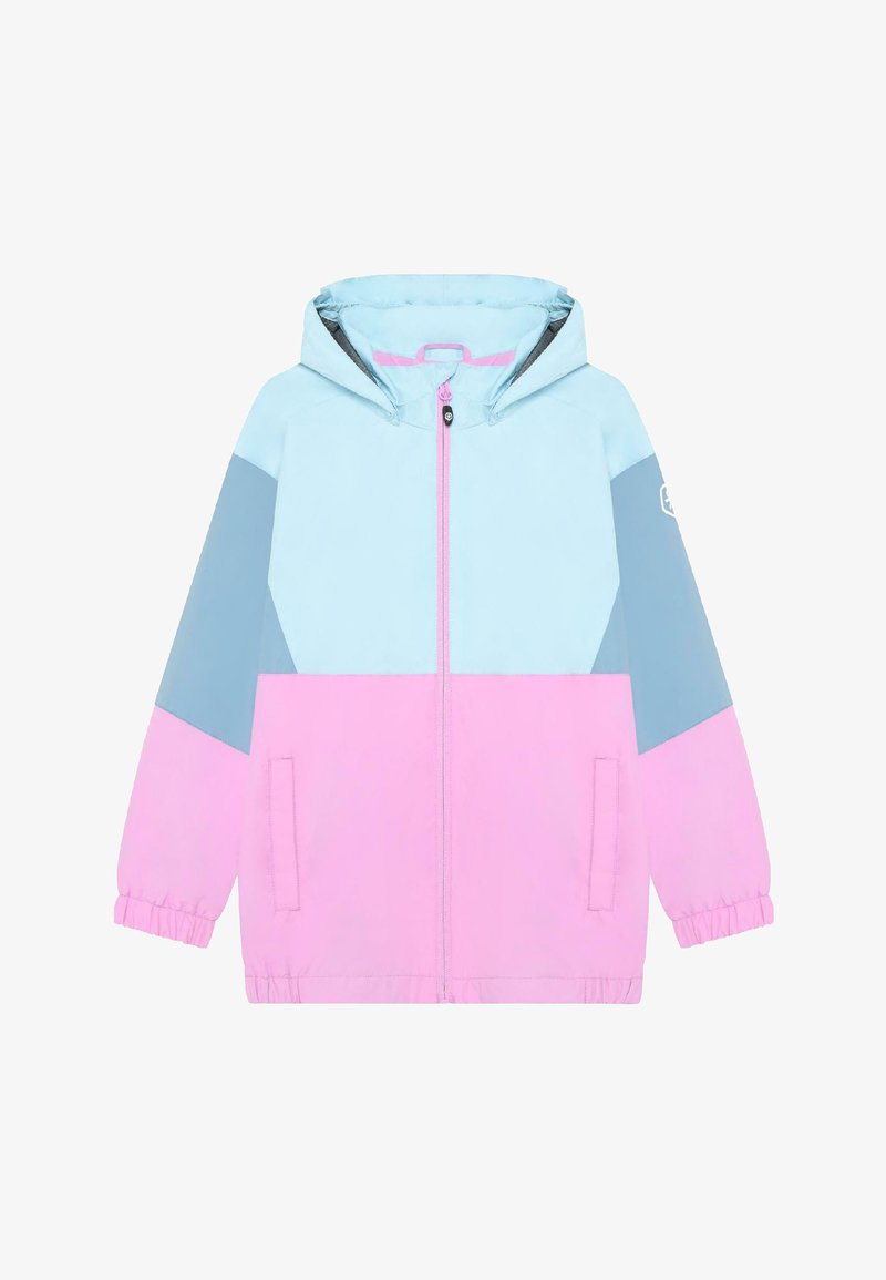 Veste à capuche avec fermeture éclair avant, poignets élastiques et blocs de couleur bleu clair, rose et gris sur les manches.