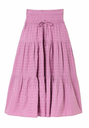 Rosa, gestufter Midirock aus strukturiertem Stoff mit karierter Musterung, mit einem gerafften Bund und Kordelzug.