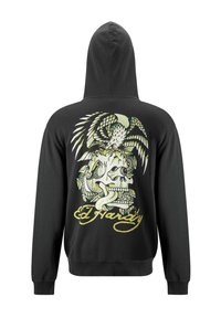 Felpa nera con cappuccio con una grande grafica sul retro raffigurante un teschio con un'aquila e un serpente, arricchita da dettagli verdi e gialli.