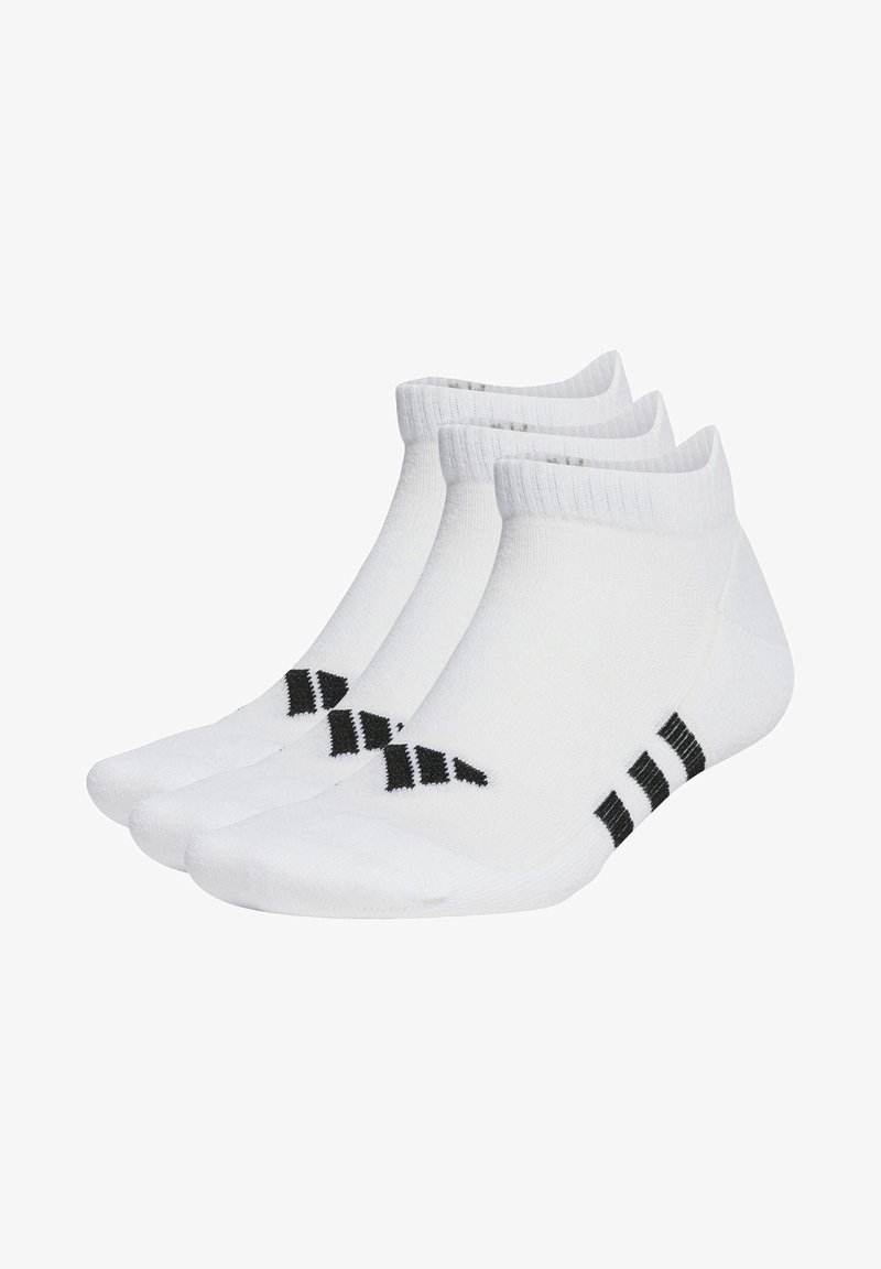 Trois paires de chaussettes de sport blanches avec des rayures noires et un poignet côtelé, présentant un design bas pour le confort et la respirabilité.