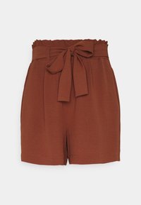 Shorts marron en tissu léger, avec une ceinture élastique froncée et une ceinture en tissu nouée en un nœud à l'avant.