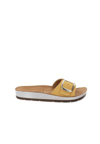Sandal in gomma gialla con una larga fascia e una grande fibbia argentata. Presenta una soletta imbottita e una suola bianca con fondo brown testurizzato.