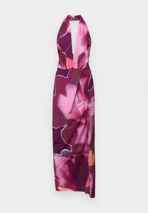 Abito lungo con collo halter in stampa floreale multicolore, dotato di profondo scollo a V, vita avvolta e tessuto fluido con una texture liscia.