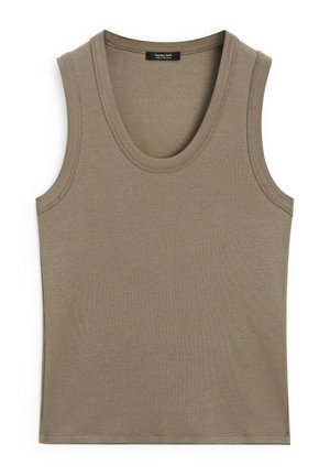 Débardeur de couleur taupe terreux, fabriqué en matériau côtelé. Il présente un col rond et pas de manches, avec des bords nets et des détails minimaux.