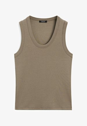 Tank top in earthy taupe color, made from ribbed material. Features a scoop neck and no sleeves, with clean edges and minimal detailing.
