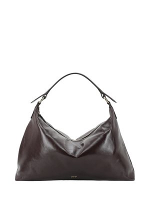 Large dark brown leather handbag with a short handle and slightly slouched shape, set against a white background.