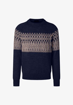 Laivastonsininen neulepaita, jossa on vaaleanruskeita geometrisia kuvioita rinnassa ja hihojen yläosassa, resorireunuksin ja -helmoin sekä kauluksella.