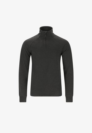 Rozpinany na ćwierć długi rękaw w ciemnoszarym materiale. Posiada raglanowe rękawy i otwory na kciuki przy mankietach, co zapewnia dodatkowy komfort i styl. Gładka tekstura.