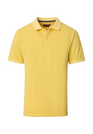 Gelbes Poloshirt aus strukturiertem Baumwollstoff, mit klassischem Kragen, zwei-Knopf-Leiste und kurzen Ärmeln mit geradem Saum.