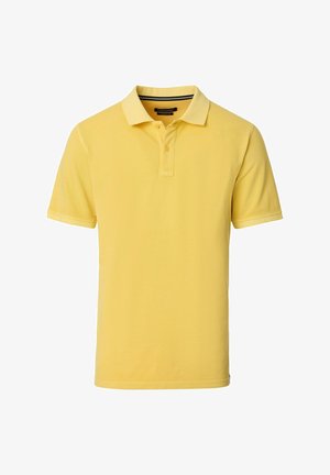 Gelbes Poloshirt aus strukturiertem Baumwollstoff, mit klassischem Kragen, zwei-Knopf-Leiste und kurzen Ärmeln mit geradem Saum.