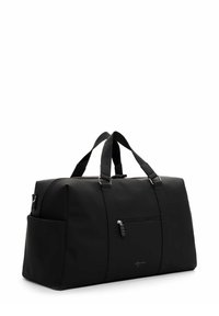 Black duffel bag made of smooth synthetic material. Features double handles, a zipper pocket on the front, and silver hardware accents.