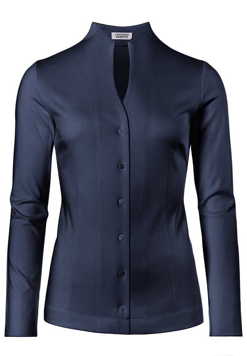 Marineblauwe blouse met lange mouwen, een staande kraag, knoopsluiting aan de voorkant, een soepele textuur en een getailleerde pasvorm.