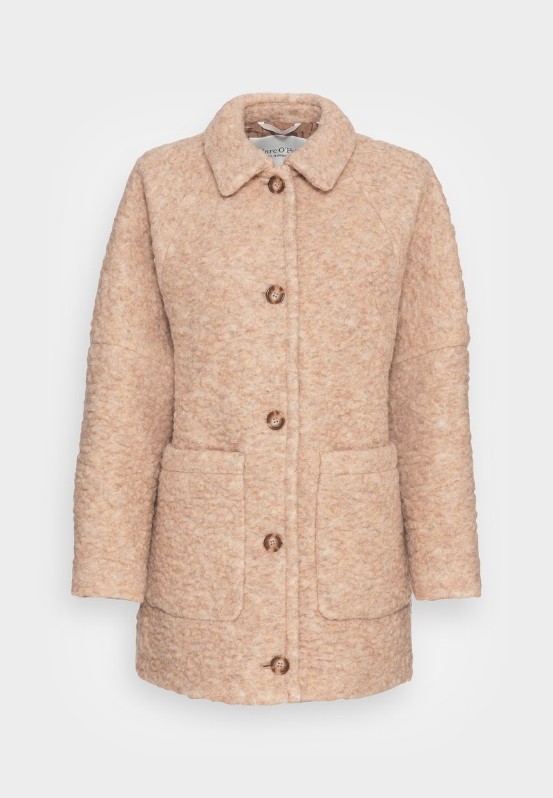 Peach-colored wool coat with a button closure, two front pockets, and a collared neckline. Textured surface and relaxed fit.