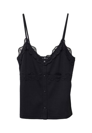 Camiseta negra con tirantes finos, encaje en el borde del escote y el dobladillo, textura acanalada y botones en la parte delantera.