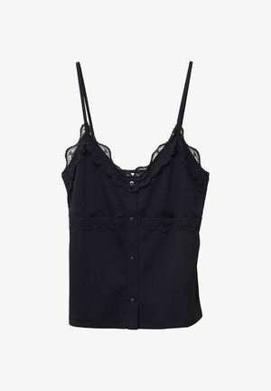 Camiseta negra con tirantes finos, encaje en el borde del escote y el dobladillo, textura acanalada y botones en la parte delantera.