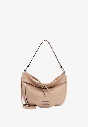 Beige leather handbag with a slouchy design, black accents, and a single shoulder strap. Features a front logo and side zipper detail.