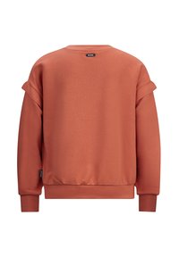 Felpa color ruggine con colletto a girocollo, maniche arrotolate e polsini a costine. Presenta un orlo arricciato e una piccola etichetta con logo sul retro.