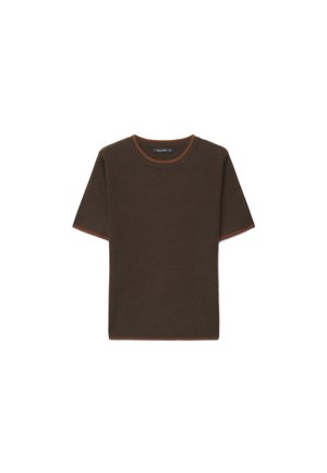 Dark brown short-sleeve knit top with round neckline and orange trim on cuffs and hem, displayed on a white background.