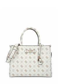 Witte handtas van gestructureerd synthetisch materiaal, met een monogrampatroon in beige, zwarte biezen, dubbele handvatten en een afneembare riem.