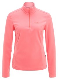 Różowy polarowy sweter z wysokim kołnierzem i zamkiem na ćwierć, z długimi rękawami i subtelnym logo na piersi. Miękka tekstura, zaprojektowany z myślą o ciepłocie.