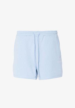Shorts décontractés bleu clair avec taille élastique, cordon de serrage, et poches latérales sur fond blanc.