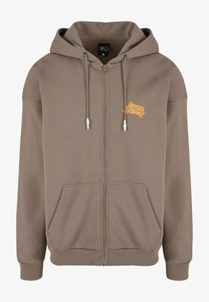 Brown zip-up hoodie made of soft fabric, featuring a kangaroo pocket, adjustable drawstrings, and an embroidered design on the chest.