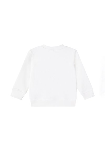 Pull blanc uni à manches longues pour bébé avec poignets et ourlet côtelés, présenté de dos sur un fond blanc.