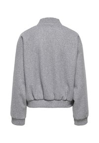 Sweat-shirt en polaire grise avec un col et des poignets côtelés, un ourlet court et une texture douce. Présente un design simple et épuré sans aucune pièce métallique visible.