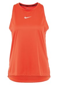 Débardeur de course Nike Dri-FIT orange vif sans manches avec un logo Nike swoosh blanc sur la poitrine.