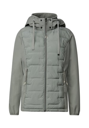 Veste à capuche gris clair avec des panneaux matelassés, des manches longues, des zips latéraux et des cordons de serrage ajustables sur la capuche. Texture lisse.