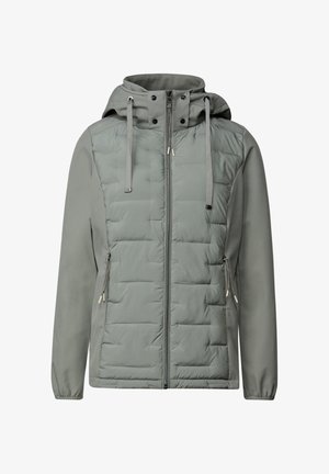 Hellgraue Kapuzenjacke mit gesteppten Einsätzen, langen Ärmeln, seitlichen Reißverschlüssen und verstellbaren Kordeln an der Kapuze. Glatte Textur.