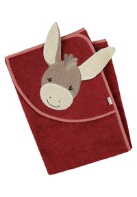 Red towel with a donkey face design; features soft texture, embroidered ears, and pink trim along the edges. Suitable for children.