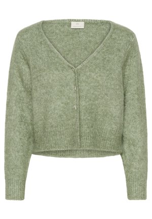Korte groene gebreide cardigan met een V-hals, lange mouwen en geribbelde zoom. Voorzien van een knoopsluiting en zachte, gestructureerde stof.