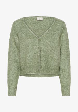 Cardigan court vert en tricot avec un col en V, manches longues et ourlet côtelé. Doté d'une fermeture boutonnée et d'un tissu doux et texturé.