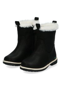 Botas de tobillo negras con textura, forradas con pelo sintético y con tiradores. Presentan una suela de goma blanca y sutiles acentos turquesa.