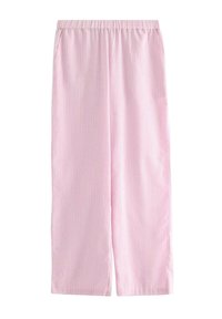 Pantaloni rosa chiaro a righe verticali, a gamba larga, con vita elastica e tasche laterali, realizzati in tessuto morbido per il massimo comfort.