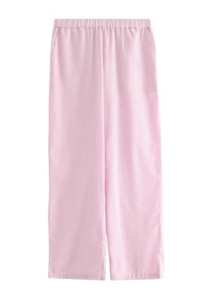 Pantaloni rosa chiaro a righe verticali, a gamba larga, con vita elastica e tasche laterali, realizzati in tessuto morbido per il massimo comfort.