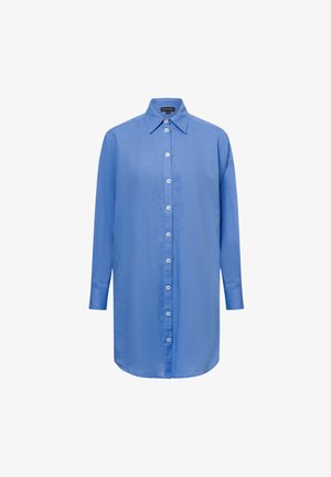 Long-sleeve blue shirt made of lightweight fabric, featuring a button-up front, classic collar, straight cut, and rounded hem.