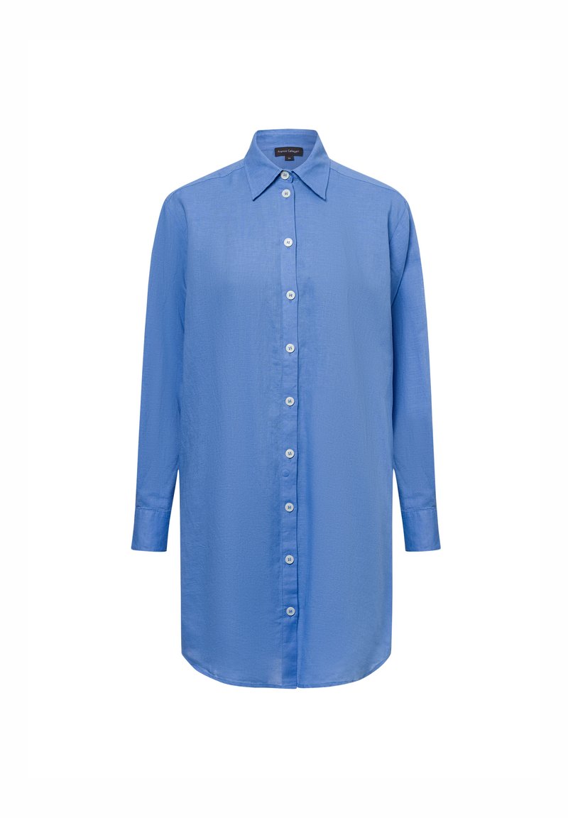 Langärmliges blaues Hemd aus leichtem Stoff, mit einer durchgehenden Knopfleiste, klassischem Kragen, geradem Schnitt und abgerundetem Saum.