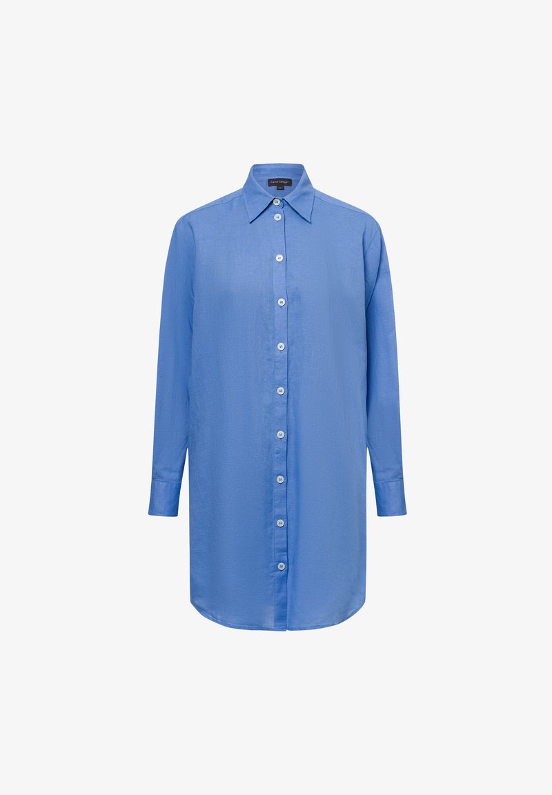 Langärmliges blaues Hemd aus leichtem Stoff, mit einer durchgehenden Knopfleiste, klassischem Kragen, geradem Schnitt und abgerundetem Saum.