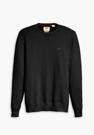Black sweater, crew neck, long sleeves, ribbed cuffs and hem, V-neck detail, small branded logo on chest, made from soft fabric.