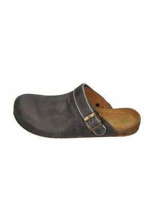 Slip-on clog with black leather upper, adjustable side buckle, and tan cushioned insole shown from side on white background.