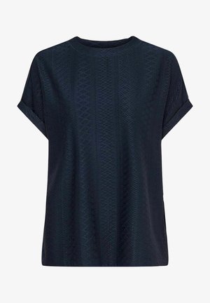 Maglietta blu navy testurizzata con maniche corte arrotolate, caratterizzata da un motivo geometrico e una vestibilità comoda. Tessuto morbido con lieve elasticità.