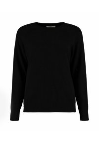 Schwarzer Pullover mit Rundhalsausschnitt und langen Ärmeln. Hergestellt aus einem weichen Stoff mit Rippdetails an den Bündchen und dem Saum. Klassische Passform.