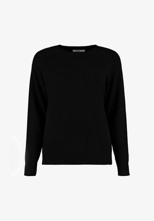 Schwarzer Pullover mit Rundhalsausschnitt und langen Ärmeln. Hergestellt aus einem weichen Stoff mit Rippdetails an den Bündchen und dem Saum. Klassische Passform.