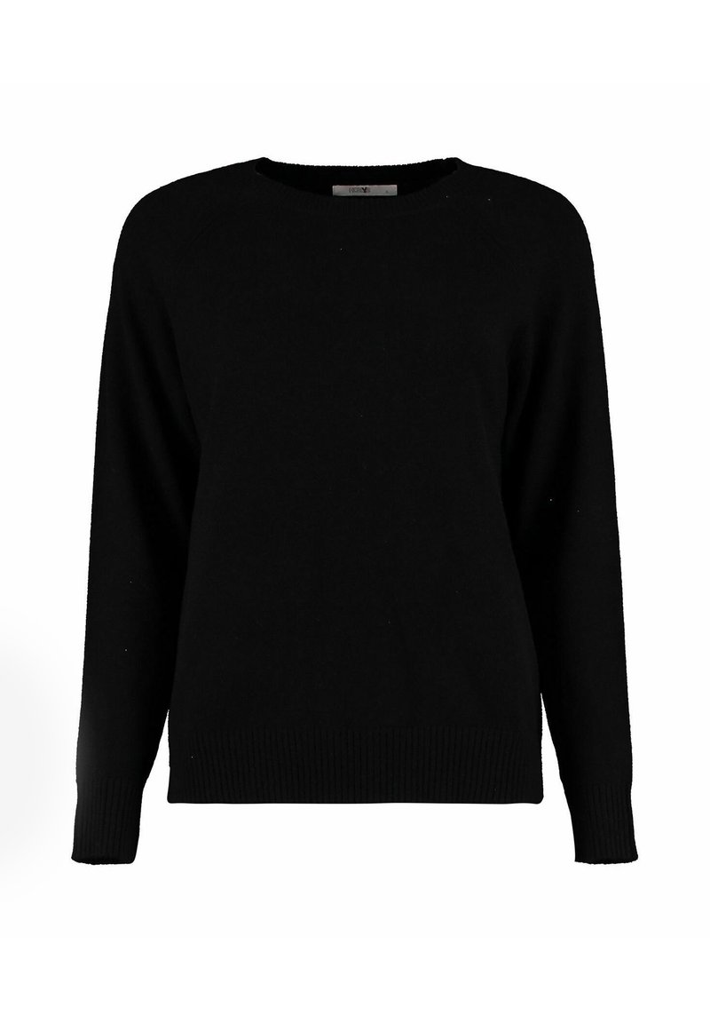 Schwarzer Pullover mit Rundhalsausschnitt und langen Ärmeln. Hergestellt aus einem weichen Stoff mit Rippdetails an den Bündchen und dem Saum. Klassische Passform.