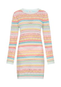 Abito in maglia con un motivo a strisce multicolori nei colori rosa, giallo, blu e bianco. Maniche lunghe e scollo rotondo, realizzato in materiale leggero.
